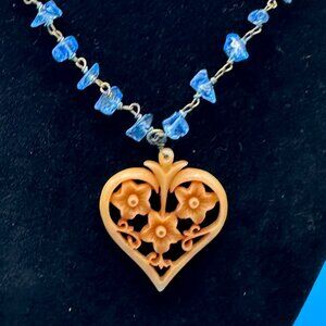 :  90’s Old Navy Brand Blue crystal  filigree resin heart necklace pendant